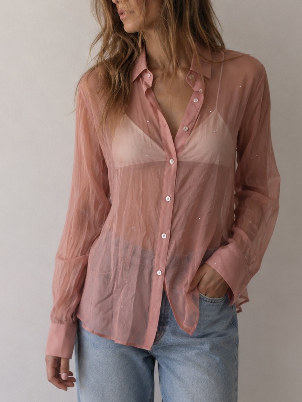 Bailey 44‎ Pink Sheer Rhinestone Button Down Top Medium Coquette Mermaid Fairy